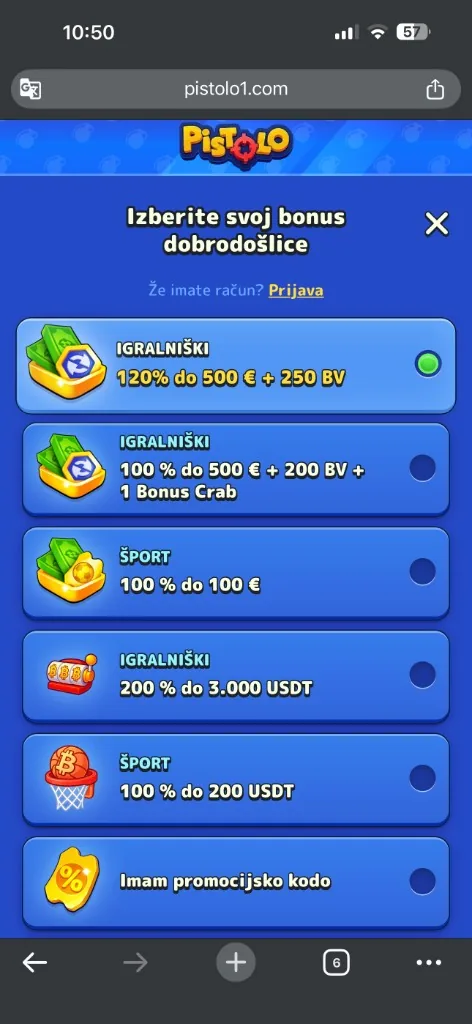 Pistolo izbira bonusa dobrodošlice