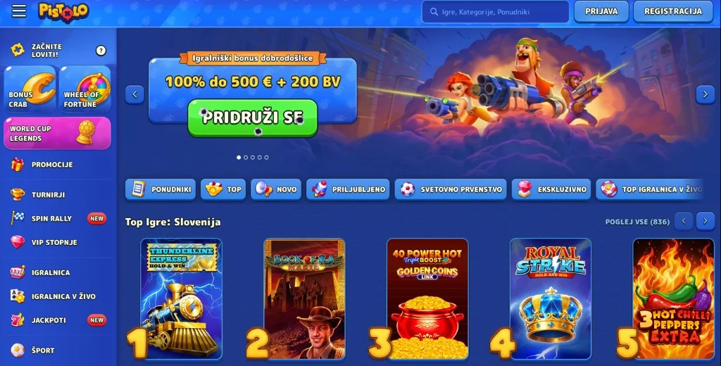 Pistolo – bonus dobrodošlice 100 % do 500 € + 200 BV