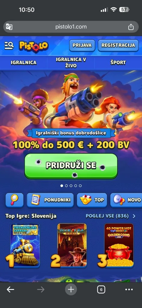 Pistolo mobilna domača stran z bonusom